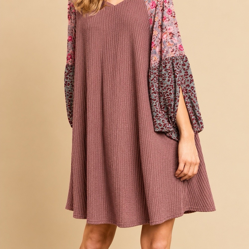 Umgee USA Dress Womens S Mauve Floral Leopard Balloon Sleeve Boho Tunic - Picture 3 of 12